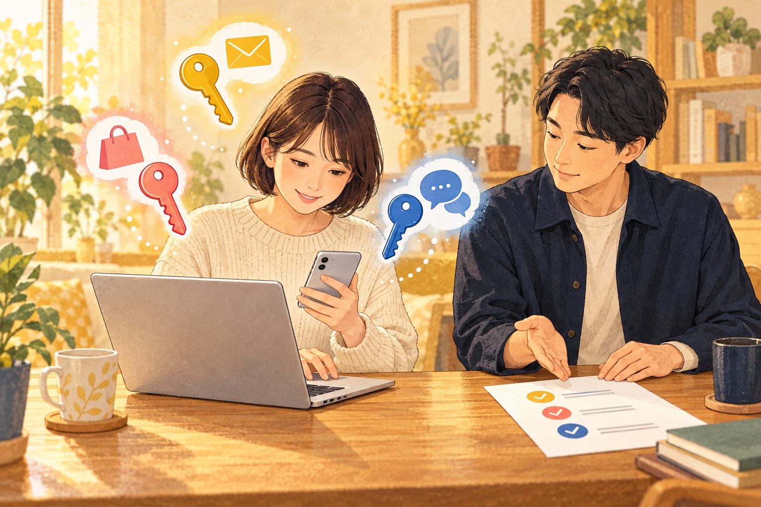 女性が自分のパソコンとスマホを操作し、隣の案内役と確認するイラスト。メール・買い物・SNSには別々の色の鍵。
