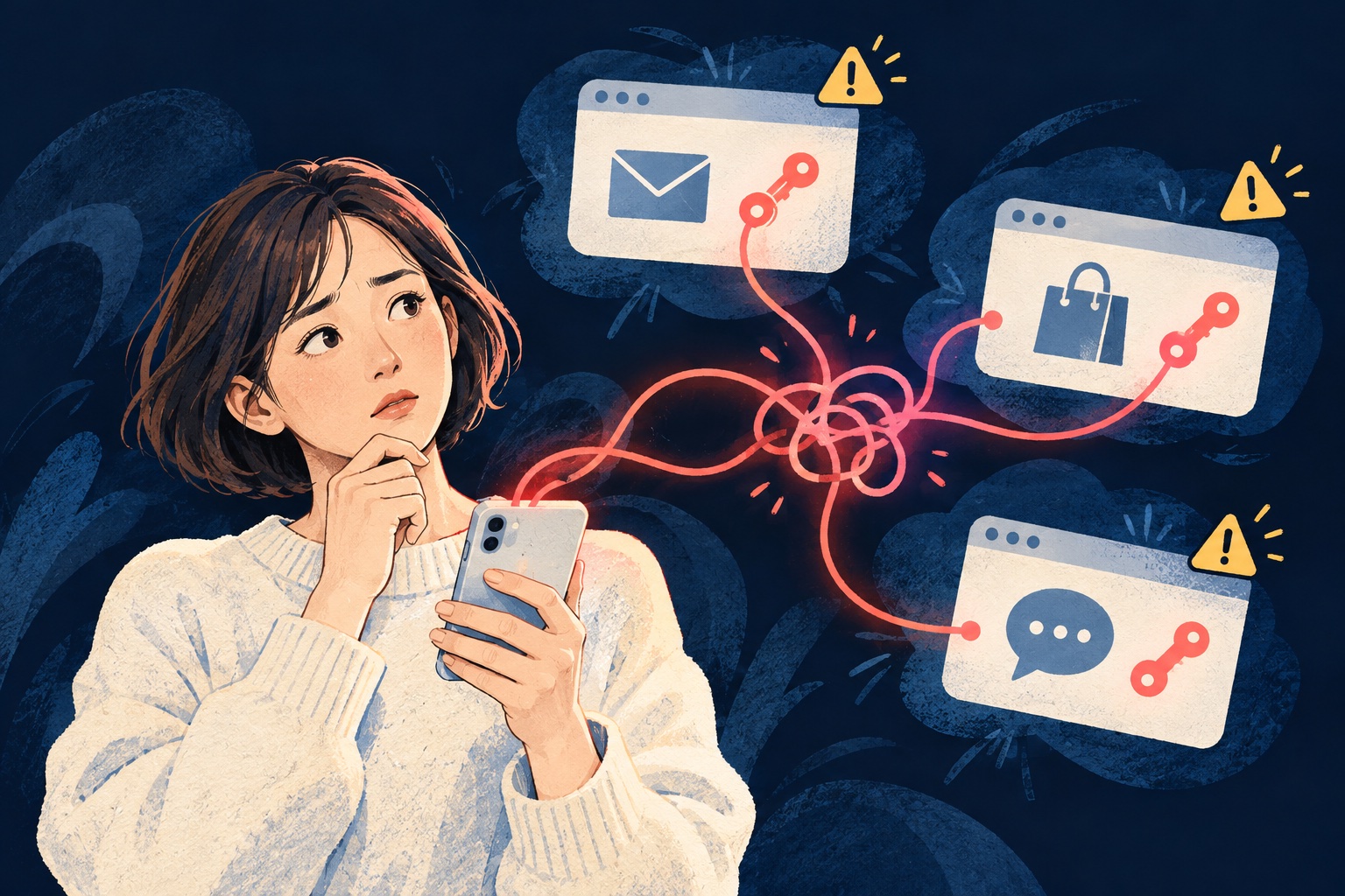 パスワードの使い回しを考えるイラスト